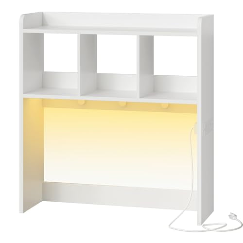 HOOBRO Desktop Bookshelf, Office Desktop Shelf, Desk Hutch with Outlets, Wooden Office Desktop Bookcase, Desktop Organizer Shelf with LED Light Strip and 3 Hooks, for Home, Study, White WT12UDSJ01 HOOBRO