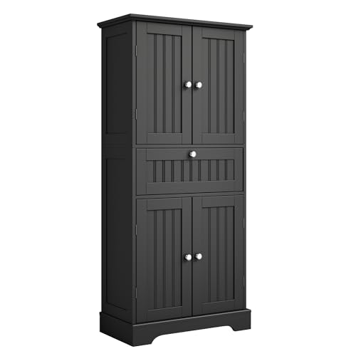 ChooChoo 51" H Tall Bathroom Floor Cabinet, Modern Bathroom Storage Cabinet with Drawer and Adjustable Shelves, Freestanding Kitchen Pantry Cupboard with 4 Doors for Living Room, Black ChooChoo