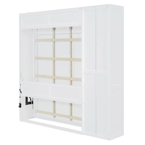 Ball & Cast Murphy Bed Full Size,Wall Chest with Shelves and 4 Drawers,Wood Hideaway Bed Cabinet Platform Bedframe w/LED Lights,can be Folded,Space-Saving,for Small Room,Dorms,White Ball & Cast