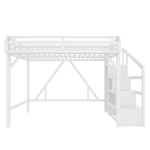 Bellemave Metal Full Size Loft Bed with Stairs and Wardrobe,Heavy Duty Loft Bed Frame with LED Lights and Charging Station for for Kids,Teens,Adults,White Bellemave