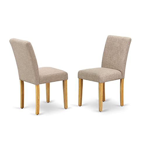 East West Furniture ABP4T04 Abbott Parson Dining Chairs - Light Tan Linen Fabric Padded Dinette Chairs, Set of 2, Oak East West Furniture