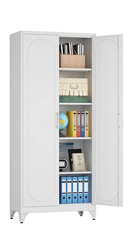 75" Tall Metal Storage Cabinet with 2 Doors and 4 Adjustable Shelves, Heavy Duty Steel Pantry Cabinet for Home Office, Kitchen, Garage and Laundry Room, White METALOONG