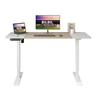 bilbil Height Adjustable Electric Standing Desk, 55 x 24 Inches Sit Stand up for Work Office Home, Ergonomic Rising Computer Table with Memory Preset with Splice Desktop (Oak, White)