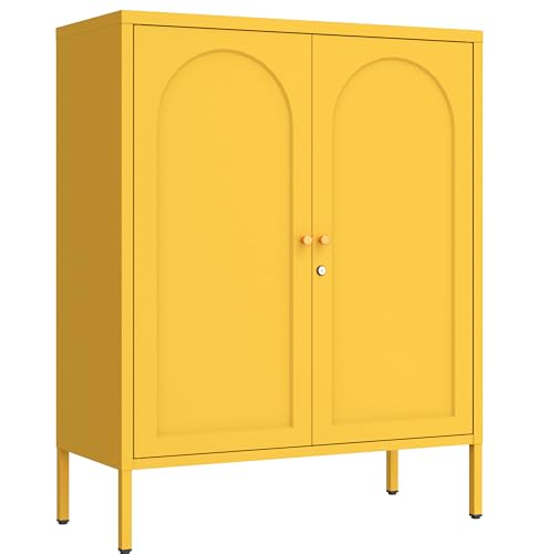 Yellow Metal Storage Cabinet Locker with 2-Adjustable Shelves 2 Door Multi-Purpose Organize Lockers 36‘’ Lockable Steel Sideboard with for Living Room Kitchen Entryway Size:36" H X 31.5" W X 13.8" D Kasfth