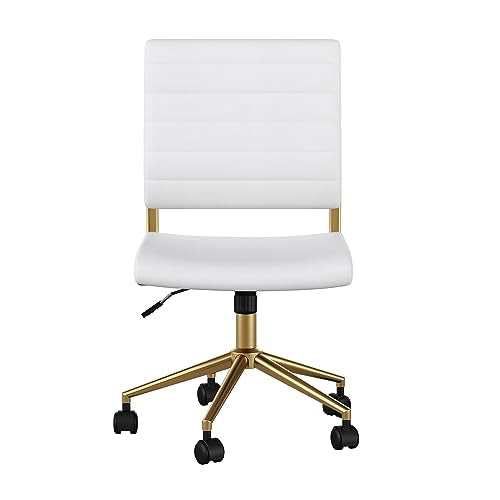 Martha Stewart Ivy Armless Swivel Task Chair for Home Office in White Faux Leather with Polished Brass Frame Martha Stewart