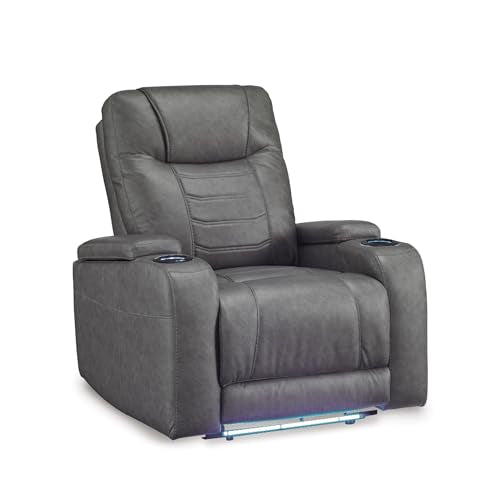 Signature Design by Ashley Schooner Rocks Power Recliner Chair, Faux Leather Upholstery with Adjustable Headrest, LED Cup Holders and Extended Ottoman for Home Theater Comfort