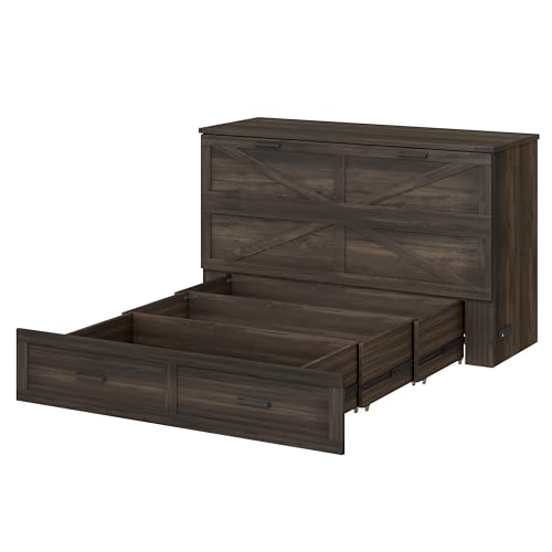 Queen Size Farmhouse Murphy Bed with Charging Station, Foldable Wood Wall Platform Bed Frame with Two Large Storage Drawers, Hideaway Bed for Small Bedroom, Study, Guest Room (Gray Wood, Queen)