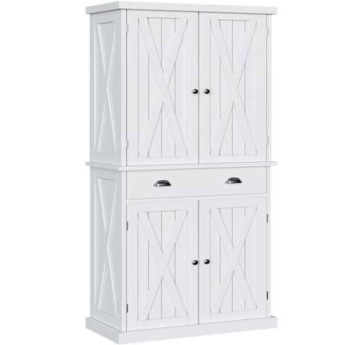 DWVO 72'' Tall Farmhouse Kitchen Pantry with Adjustable Shelves, Wood Kitchen Storage Cabinets with Doors & Drawer, Freestanding Cupboard for for Kitchen, Dining Room, Living Room, White DWVO