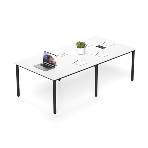 Nightcore Rectangle Conference Table for 10, 8 ft Large Seminar Table with 2 Cable Grommets, Modern Industrial Office Computer Desk with Metal Legs for Boardroom, Meeting Room, White Goplus