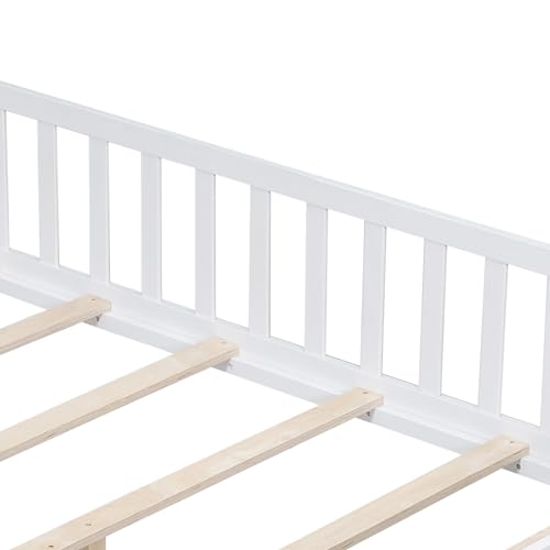 Bellemave Floor Bed Full Size Montessori Bed Frame with Fence and Door, Wooden Full Platform Bed for Kids, Boys Girls, Solid Wood Full Bed, No Box Spring Needed (White) Bellemave