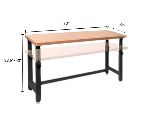 Heavy-Duty Height Adjustable Workbench Table, Maple Wood Top, Steel Frame (Graphite Black, 72" W x 25" D x 28.5”-42” H) WoodArtSupply