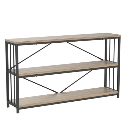 LVB Rustic Oak Industrial Console Sofa Table with 3-Tier Shelving for Entryway and Foyer LVB
