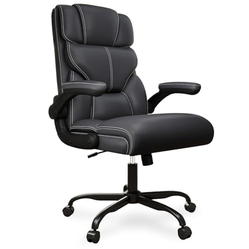 Executive Office Chair with Flip-up Armrests,Ergonomic Computer Desk Chairs,Mid-Tall Back Leather Office Chair 400 Lbs,Lumbar Support Swivel PC Chair with Rocking Function Box DesignLab