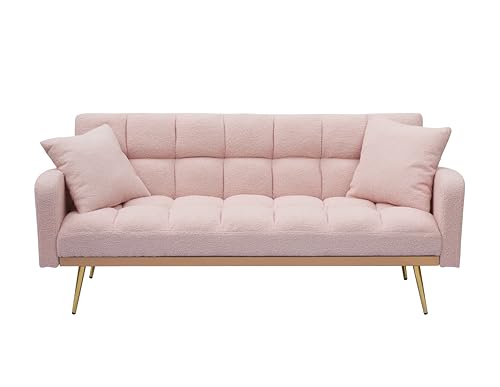 Ball & Cast Convertible Sleeper Sofa Bed with Adjustable Backrest,Teddy Upholstered Futon Couch Bed W/ 2 Pillows,Armrest and Metal Legs,Loveseat Sofa for Living Room,Apartment,Small Space,Pink,69" Ball & Cast