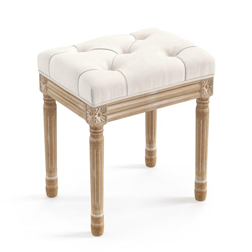 LUE BONA Upholstered Fabric Vanity Bench Seat, Makeup Stools for Vanity, Square Tufted Ottoman Bench with Carved Wood Color Legs for Bedroom Living Room, Beige LUE BONA