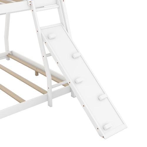 Merax Twin Over Queen House Bunk Bed Frame Solid Wood with Climbing Nets and Climbing Ramp for Boys Girls,Playroom,White Merax