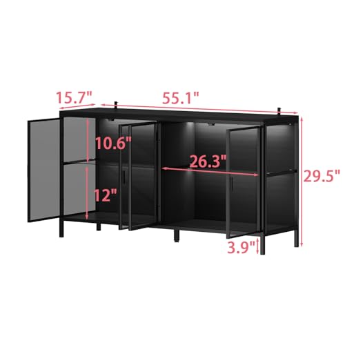 FUNISIR Buffet Cabinet with Storage & LED Light, 55.1" Large Kitchen Sideboard with 4 Glass Doors, Modern Coffee Bar with Metal Frame, Console Table for Living Room, Dining Room, Black FUNISIR