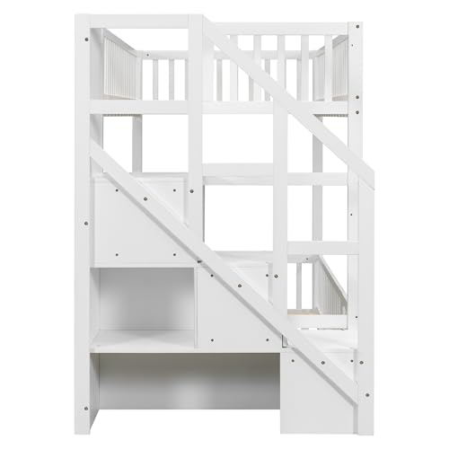 Wooden Twin over Twin Bunk Bed with Storage Stairs and Slats Support for Kids Teens, Floor Bunk Bed with Door and Full-Length Guardrails for Boys Girls, Space Saving, No Box Spring Needed, White MERITLINE