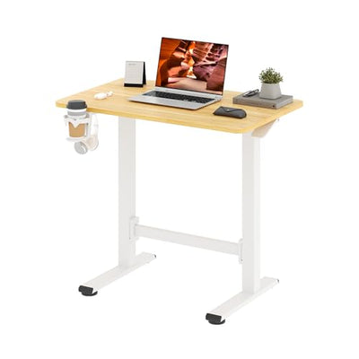 FitStand Pneumatic Standing Desk, 31.5" x 19.7" One-Piece Adjustable Height Home Office Desk, Rolling Computer Workstation with Hooks & Cup Holder,2 Rear-Mounted Hidden Casters, Maple