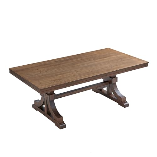 kevinplus 78.74'' Rectangular Wood Dining Table Kitchen Table for 6-8, Modern Mid-Century Retro Style Rubber Wood Metarial for Dining Room Trestle Pedestal Base, Dark Oak kevinplus
