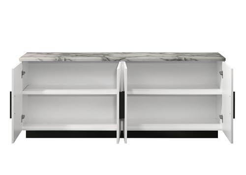 Lilola Home Matilda 63-inch White Cabinet Console Table with Faux Marble Top – Modern 4-Door Storage Design with Adjustable Shelves and Black Contrasting Base for Living Room or Entryway LILOLA LIVING