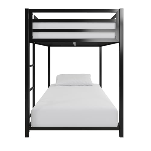 DHP Miles Low Metal Bunk Bed Frame for Kids, With Built-in Ladder, High Guardrail and Metal Slats, Floor Bed Bottom Bunk, No Boxspring Required, For Small Spaces, Twin-Over-Twin, Black DHP