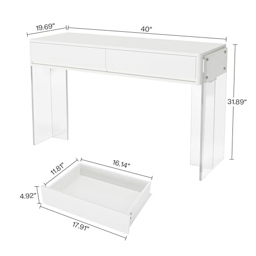 Tribesigns Computer Desk with 2 Drawers, Home Office Desk with Acrylic Legs, Modern White Desk with Storage, Makeup Vanity Desk for Bedroom Tribesigns