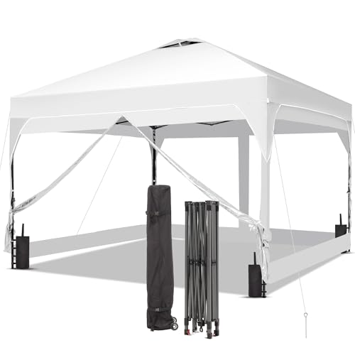 GDY 12x12FT Pop Up Canopy Tent with One Push Setup, Easy Setup Gazebo with 4 PVC Transparent Sidewalls,Includes Wheeled Bag. for Events, Parties, Camping, White. GDY