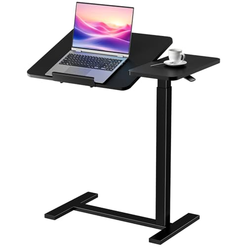 DUMOS Overbed Bedside Table Adjustable with Wheels, Mobile Standing Stand Up Rolling Laptop PC Desks with Tilting Top Height Tray Sofa Side Computer Workstation for Bedroom on Hospital Home Use, Black DUMOS