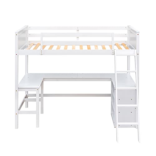 Ball & Cast Twin Size Loft Bed with Full-Length Guard Rail and Storage Shelves,Wood Bedframe w/Ladder & U Shape Desk,Slat Support,Space Saving,Bedroom Furniture for Student Dorms,Studio,White Ball & Cast