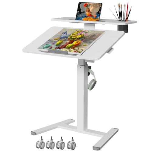 Liftsync 28Inch Mobile Standing Desk On Wheels, Rolling Laptop Stand with Tiltable Desktop, Small Computer Workstation Adjustable Height, 2-Tier Portable Study Table with Storage Shelves, White Liftsync