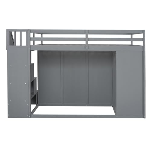 Merax Full Size Wood Loft Bed with Built-in Wardrobes,Wood Loft Bed with Multiple Storage Cabinets and Drawers for Bedroom,Gray Merax