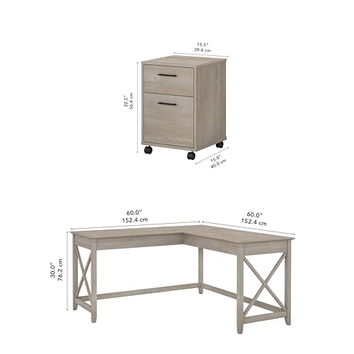 Bush Furniture Key West 60W L Shaped Desk with 2 Drawer Mobile File Cabinet in Washed Gray Bush Business Furniture