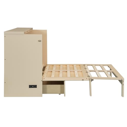 P PURLOVE Full Murphy Bed with Large Drawers, Wood Cabinet Bed with USB Port, No Box Spring Needed, Easy Assembly (Gold) P PURLOVE