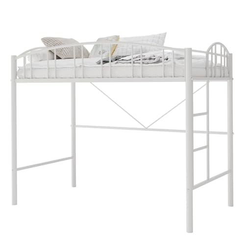 IDEALHOUSE Loft Bed Twin Size with Ladder and High-Arched Guardrail, Sturdy Metal Slats, Space-Saving Design, Modern Decor Style, Easy Assembly, No Box Spring Needed, Safe for Kids/Adults, White IDEALHOUSE