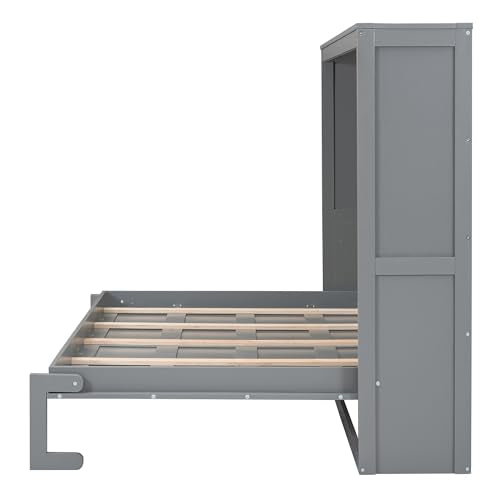 MERITLINE Queen Horizontal Murphy Bed,Wood Space-Saving Folding Farmhouse Murphy Bed Cabinet for Adults,No Box Spring Needed (Queen,Grey) MERITLINE