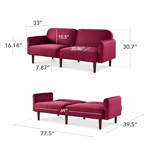 Best Choice Products 77" Mid Century Modern Velvet Loveseat Sofa, Couch, Convertible Sofa Sleeper Bed w/Real Wood, Removable Armrest - Raspberry Best Choice Products