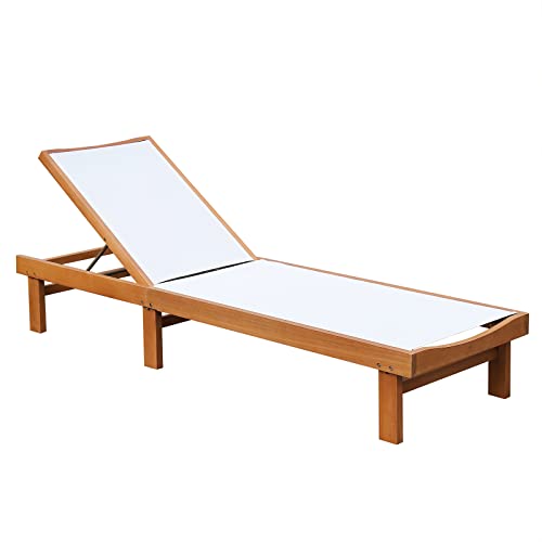 Tangkula Outdoor Wood Chaise Lounge Chair, Patio Chaise Lounger with 5-Postion Adjustable Back, Eucalyptus Wood Reclining Lounge Chair with Breathable Fabric for Poolside Lawn Backyard (1, White) Tangkula
