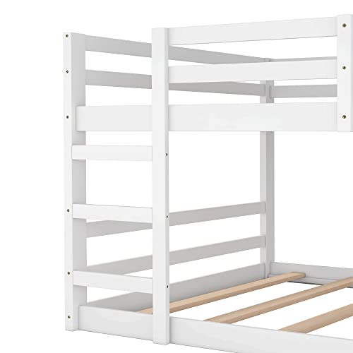 Ball & Cast Full Over Full Bunk Bed with Double Ladder and Full-Length Guardrail,Low Floor Bunkbed w/Slat Support,Bedroom Furniture for Girls Boys,White Ball & Cast