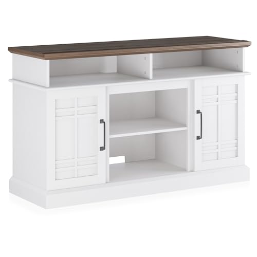 BELLEZE Modern 48" Farmhouse Wood TV Stand & Media Entertainment Center Console Table for TVs up to 50 Inch with Open Storage Shelves & Cabinets - Norrell (White) BELLEZE