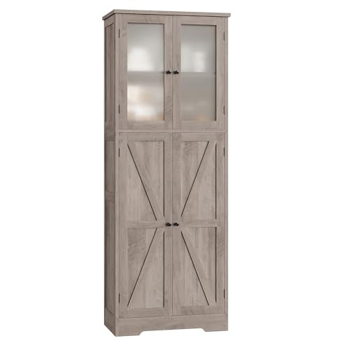 BOTLOG Farmhouse Bathroom Storage Cabinet, 67'' Tall Storage Cabinet with Barn Doors and Shelves, Kitchen Pantry Cabinet for Living Room, Dining Room, Rustic Grey BOTLOG