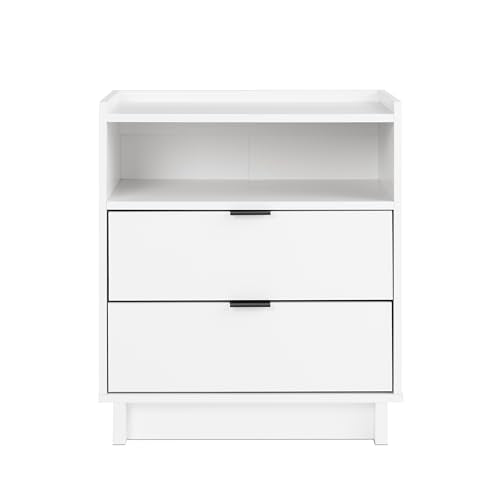 Prepac Simply Modern Nightstand Bedside Table, White Nightstand for Bedroom, End Table with 2 Drawers and Open Shelf 23.75" W x 26.75" H x 16" D Prepac