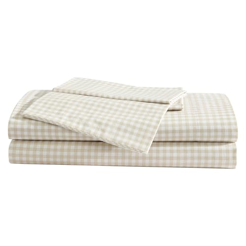 Eddie Bauer - Sheet Set, Cotton Percale Bedding with Matching Pillowcase, Crisp & Breathable, 200-Thread Count, Classic Comfort Essentials (Little Gingham Beige, Full) Eddie Bauer