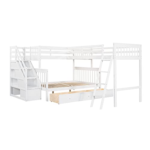 CITYLIGHT L-Shaped Bunk Bed for Kids, Solid WoodTriple Corner Bunk Bed with 3 Storage Drawers Attached a Twin Loft Bed,Bunk Beds with Stairs and Ladder for Boys Girls Teens,White CITYLIGHT
