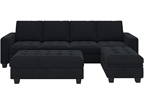 Belffin Velvet Convertible 4-Seat Sectional Sofa with Reversible Chaise L Shaped Sofa Couch Furniture Sets Sectional Couch with Storage Ottoman Black Belffin