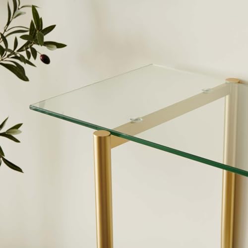 LumFurn Glass Console Table for Living Room, Foyer & Entrance, 2-Tiers Mid-Century Modern Sofa Table with Clear Glass Top, White Marble Finish Wood Shelf and Gold Finish Frame LumFurn