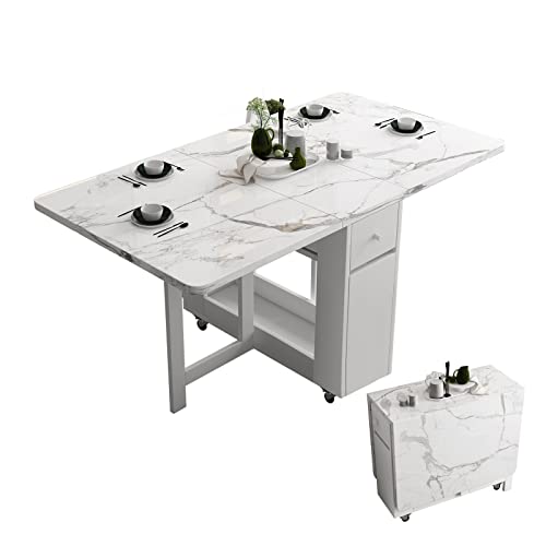FUNROLUX Folding Dining Table with Rack and 2 Storage Drawers, Movable Extendable Space Saving Kitchen Table in 3 Forms (White) FUNROLUX