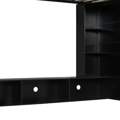LUMISOL Twin Size Gaming Loft Bed with Desk, RGB LED Lights & Charging Stations, Wood Loft Bed Frame with Storage Bookshelves for Kids, Teens & Adults, Green + Black LUMISOL