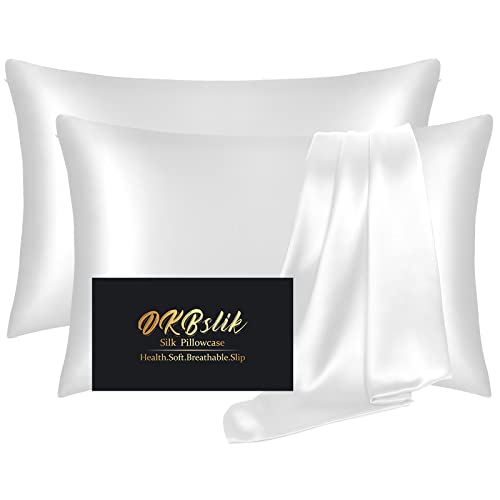 Silk Pillow Cases 2 Pack, Mulberry Silk Pillowcases Standard Set of 2, Health, Smooth, Anti Acne, Beauty Sleep, Both Sides Natural Silk Satin Pillow Cases for Women 2 Pack with Zipper for Gift,White DKBslik