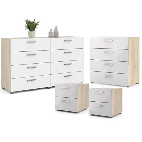 Home Square Contemporary Style 4 Piece Bedroom Set with Two Nightstands, 8 Drawer Double Dresser and 4 Drawer Chest in Oak and White Gloss Home Square